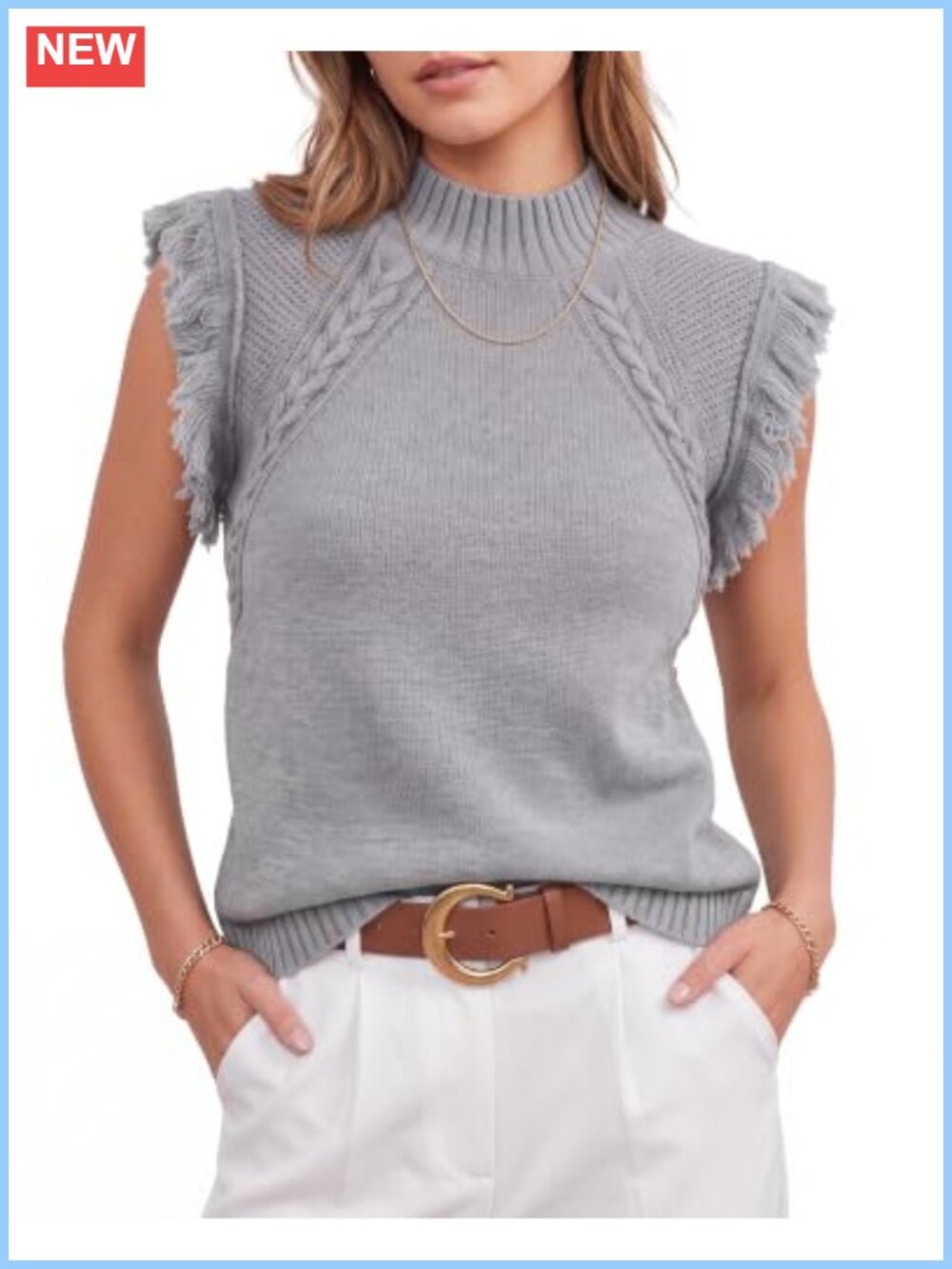 Sleeveless Cable Knit Sweater Vest Mock Neck Fringe